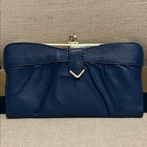 Vintage Moroccan Navy Blue Leather Wallet with Coin Kiss-lock Pocket, Small